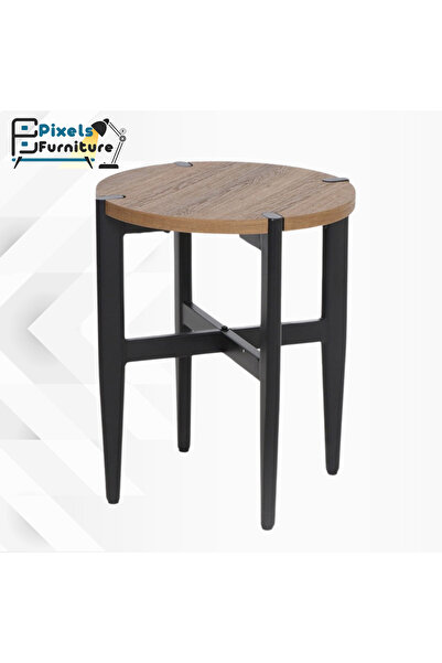 PixelsFurniture Set of 2 Pixel Furniture Round Side Coffee Tables with Wood Top and Metal Ends