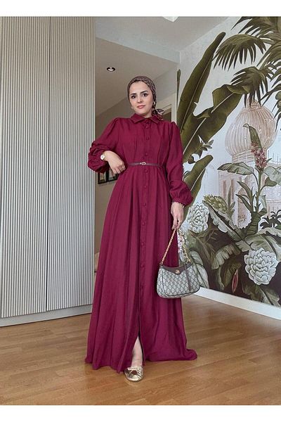 Aselim Hijap Moda Top Buttoned Imported Fabric Belted Dress – Romantic & Elegant Style (Size 38-46) Burgundy
