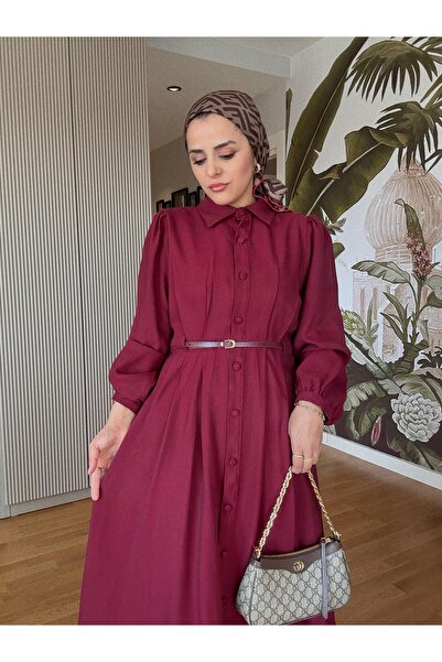 Aselim Hijap Moda Top Buttoned Imported Fabric Belted Dress – Romantic & Elegant Style (Size 38-46) Burgundy