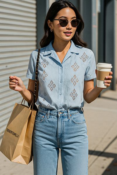 Trendyol Collection Cămașă obișnuită din țesătură cu broderie albastru deschis TWOSS25GO00087