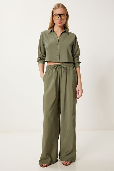 Happiness İstanbul Khakifarbener Sommer-Set mit gewebtem Hemd und Hose für Damen CI00119
