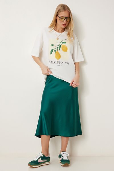 Happiness İstanbul Women's Emerald Green Midi Satin Skirt Dp00260