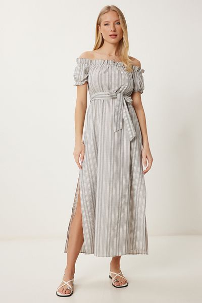 Happiness İstanbul Women's Bone Gray Striped Off-The-Shoulder Summer Linen Dress Li̇00120