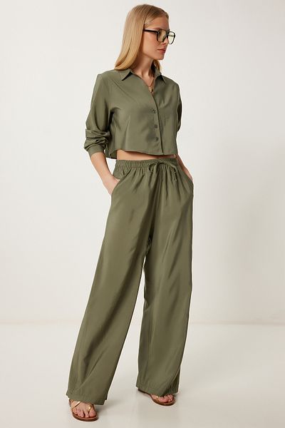 Happiness İstanbul Khakifarbener Sommer-Set mit gewebtem Hemd und Hose für Damen CI00119