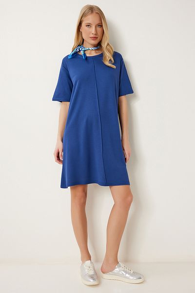 Happiness İstanbul Women's Navy Blue Cotton Stretchy Knitted Dress Zv00317