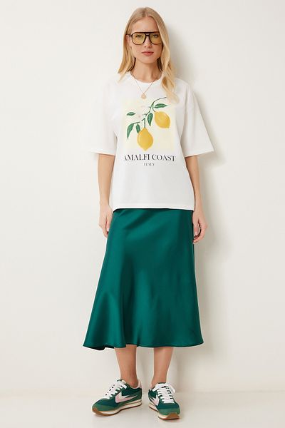 Happiness İstanbul Women's Emerald Green Midi Satin Skirt Dp00260