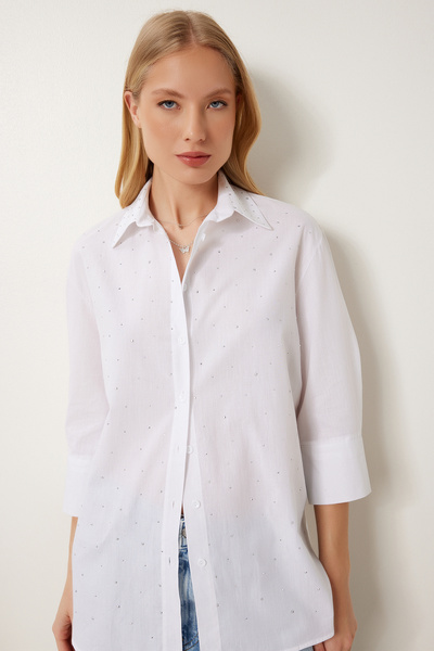 Happiness İstanbul Women's White Stone Detailed Poplin Shirt Dp00256