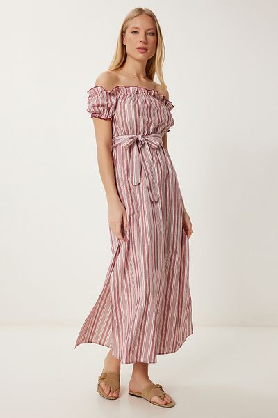 Happiness İstanbul Damen-Sommerkleid aus Leinen mit Knochen-Burgunder-Streifen, schulterfrei, Lİ00120