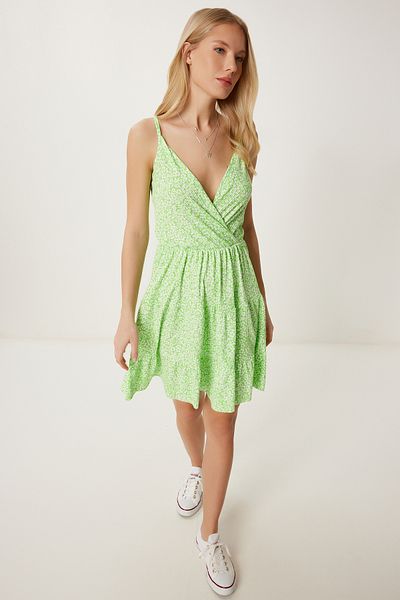 Happiness İstanbul Women's Pistachio Green Patterned Strap Stretchy Mini Knitted Dress Mc00299
