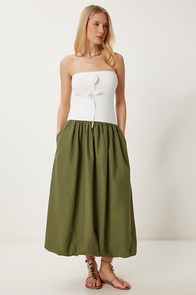 Happiness İstanbul Damen-Kleid in Khaki und Ecru mit dehnbarem Strickoberteil und Ballonrock PB00031