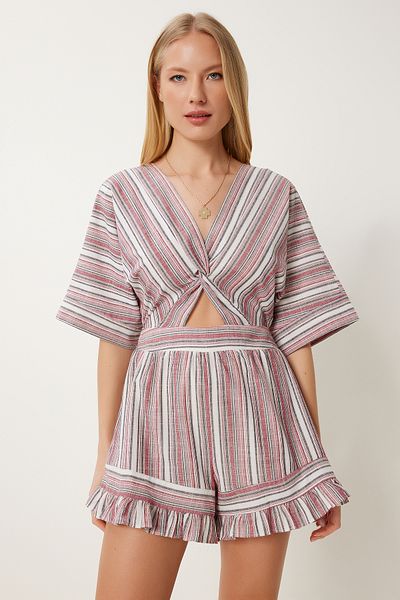 Happiness İstanbul Damen-Jumpsuit „Bone Burgundy“ aus gestreiftem Leinen mit Shorts LI00119