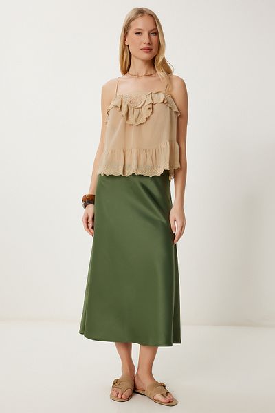 Happiness İstanbul Women's Green Midi Satin Skirt Dp00260