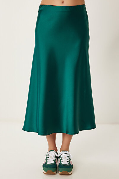 Happiness İstanbul Γυναικεία Σμαραγδένια Πράσινη Midi Σατέν Φούστα DP00260