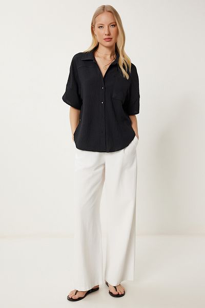 Happiness İstanbul Women's Black Wrinkled Effect Pocket Woven Blouse Mx00193