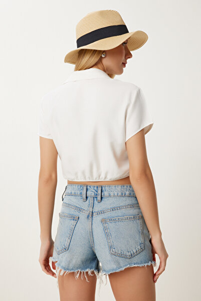 Happiness İstanbul Dámská tkaná halenka s límcem s kostěným límcem Lİ00122