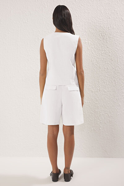 Trendyol Collection White Linen Look V-Neck Vest and Shorts Woven Bottom-Top Suit Twoss25Au00041