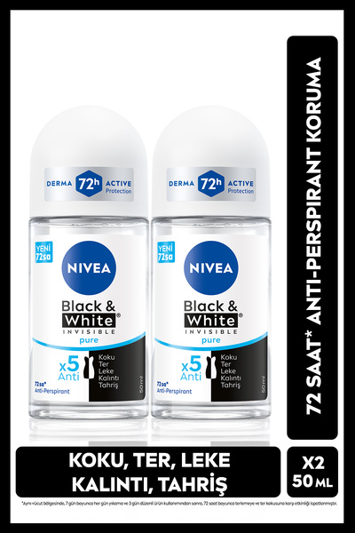 NIVEA Kadın Roll-on Deodorant Black&White Invisible Pure 50ml, 72 Saat Anti-perspirant Ter Koruma, X2 Adet