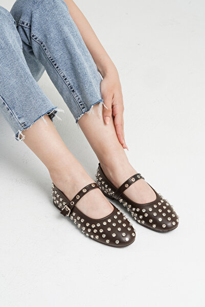 Beyond Women's Brown Disco Stone Leather Ballerinas 1cm Bynddsc01