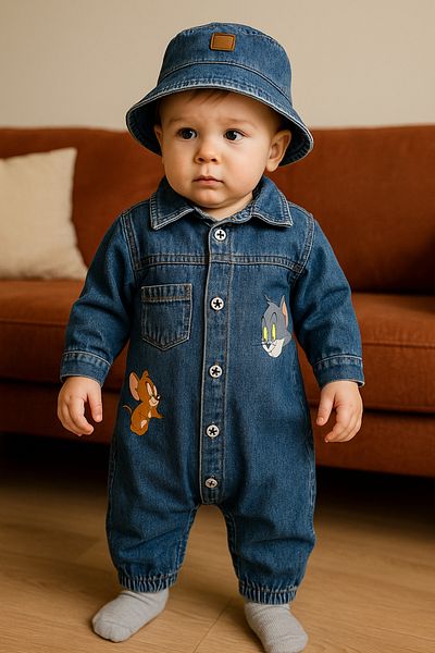 CROCODAYS Unisex Kids Baby Jeans (Jeans) Printed Hat Jumpsuit (3/6/9/12) Months