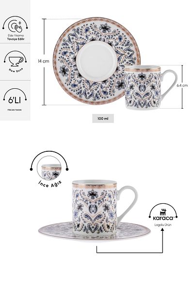 Karaca Set cești de cafea Delft Blue pentru 6 persoane 100 ml