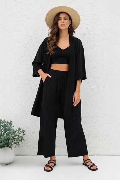 Trendyol Collection Black Kimono and Wide Leg/Wide Leg Pants Woven Two-Piece Bottom-Top Suit Twoss25Au00079