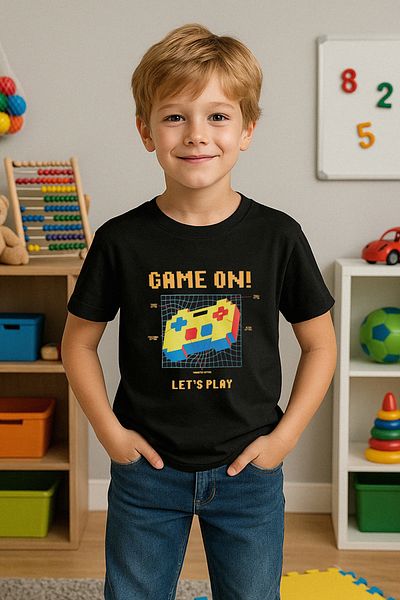 TRENDYOLKIDS Black Boy's 100% Cotton Game Printed Short Sleeve Knitted T-Shirt Tkdss25Ts00116