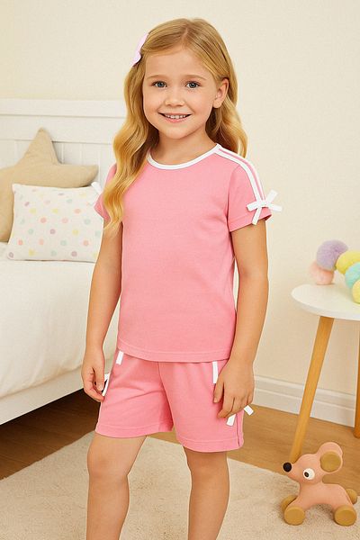 TRENDYOLKIDS Rosa Mädchen-Pyjama-Set aus 100 % Baumwolle mit Band und detailliertem Kurzarm-Strick-T-Shirt TKDSS25PT00038