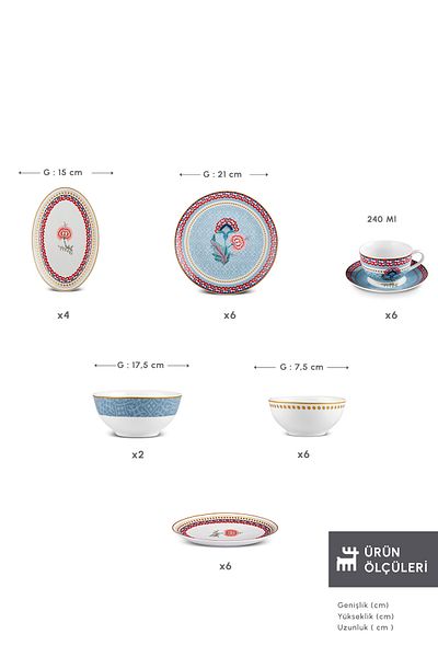 Karaca Set de mic dejun Spello Bone Forever 26 piese pentru 6 persoane - Albastru
