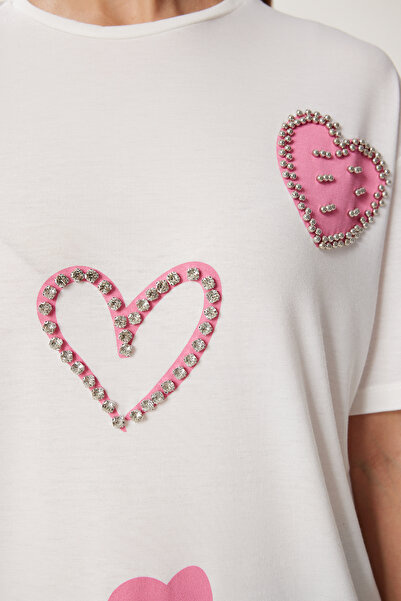 Happiness İstanbul Dámské pletené tričko Ecru s perličkami a korálky s potiskem PB00029