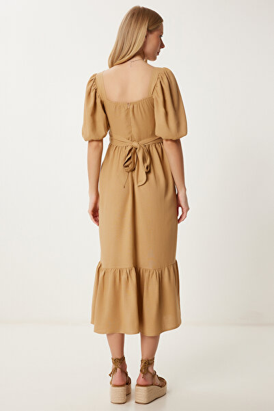 Happiness İstanbul Γυναικείο καλοκαιρινό λινό φόρεμα με λεπτομέρεια με καμήλα FK00021