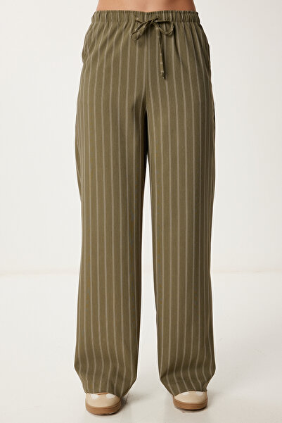 Happiness İstanbul Women's Khaki Striped Wide Leg Summer Pants Rg00061