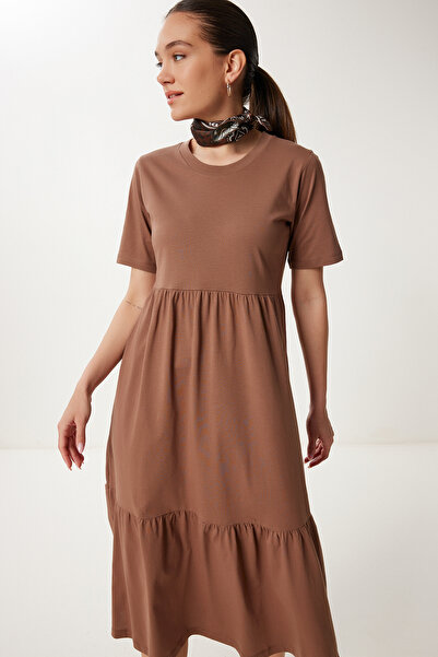 Happiness İstanbul Dámské hnědé oversize letní pletené šaty CR00475