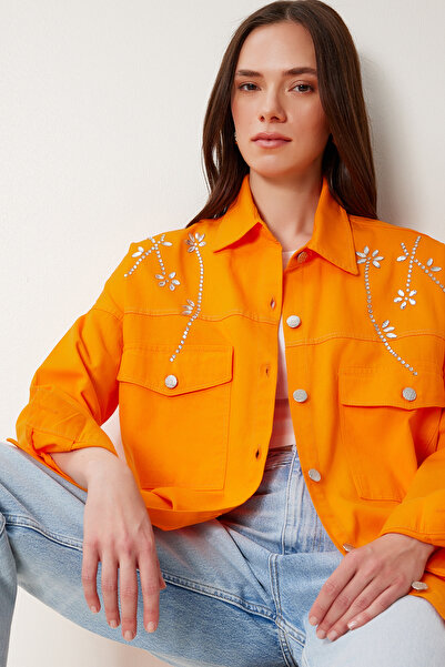 Happiness İstanbul Női narancssárga kő túlméretes Gabardine ingkabát SA00040