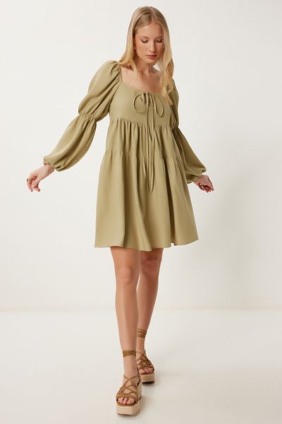 Happiness İstanbul Women's Olive Green Flounced Summer Linen Dress Fk00028