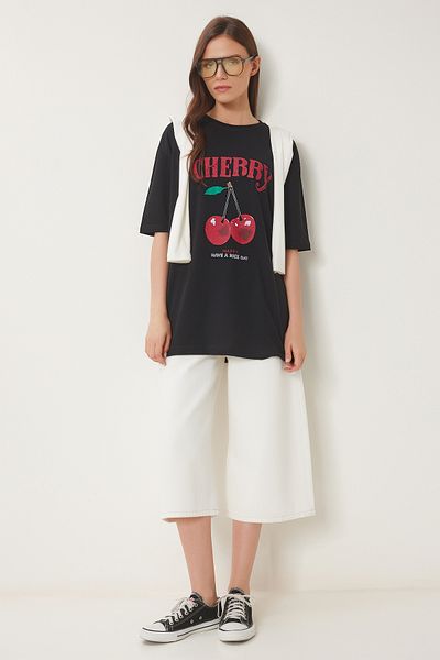 Happiness İstanbul Women's Black Cherry Printed Cotton Knitted T-Shirt Zv00301