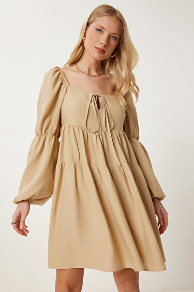 Happiness İstanbul Γυναικείο Μπεζ Φόρεμα Καλοκαιρινό Λινό FK00028