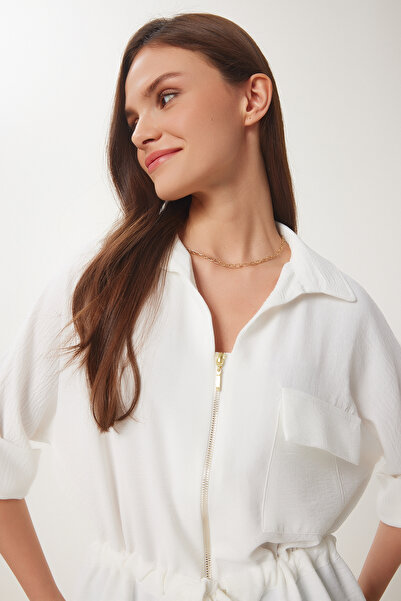 Happiness İstanbul Women's Bone Gathered Zippered Crinkle Jacket Dd01349