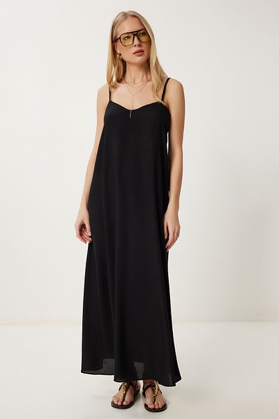 Happiness İstanbul Women's Black Strap Summer Long Viscose Dress Fg00024
