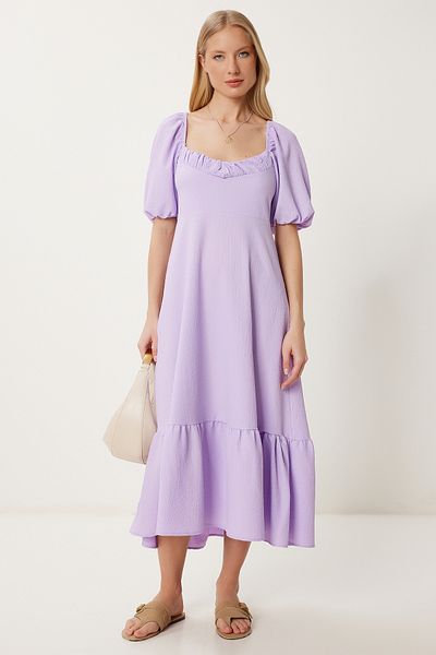 Happiness İstanbul Women's Lilac Flounced Summer Crinkle Knitted Dress Fk00014