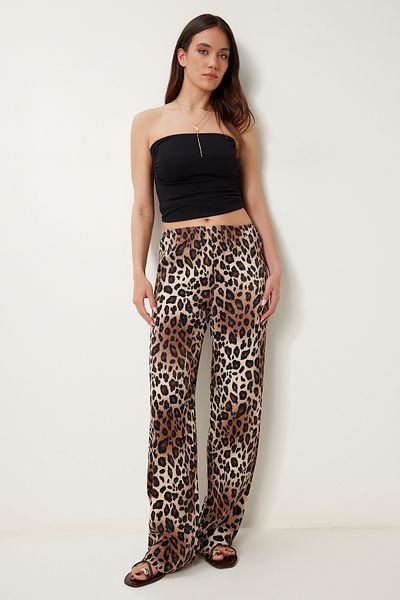 Happiness İstanbul Women's Black Brown Leopard Patterned Satin Trousers Us00967
