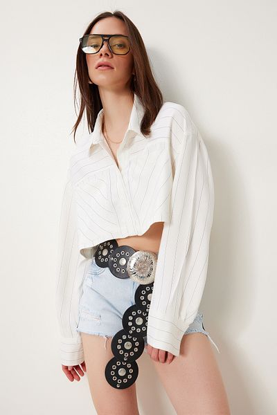 Happiness İstanbul Women's Ecru Striped Viscose Crop Shirt Ns00421