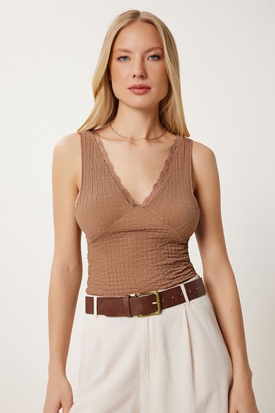 Happiness İstanbul Braune, strukturierte, geschnürte, dehnbare Strickbluse für Damen HF00475
