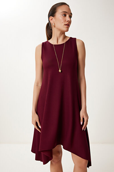 Happiness İstanbul Women's Burgundy Asymmetrical Cut Summer Knitted Dress Zv00304