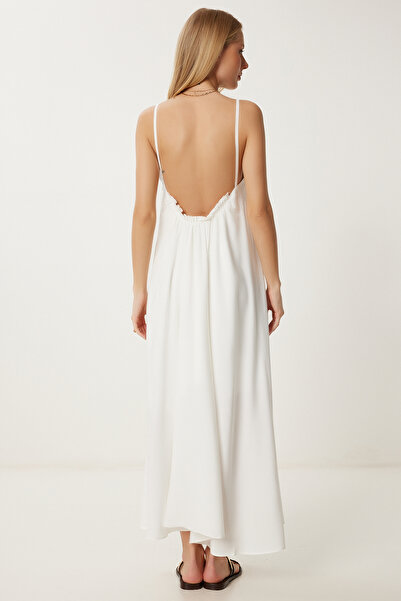 Happiness İstanbul Dámské letní dlouhé viskózové šaty Ecru s popruhem FG00024