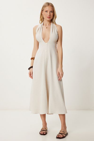 Happiness İstanbul Women's Stone Halter Neck Summer Linen Dress Fk00020