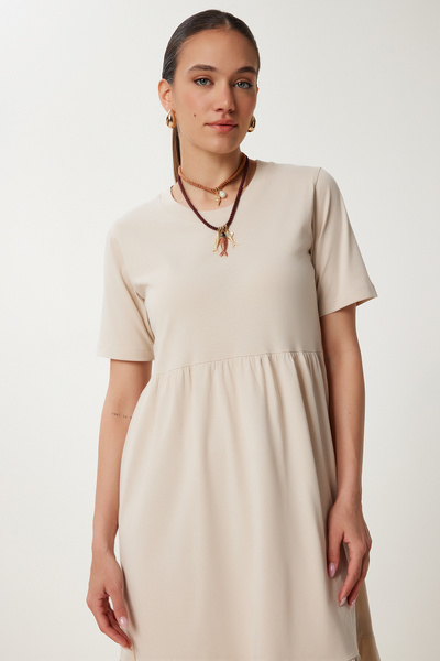 Happiness İstanbul Dámské krémové oversize letní pletené šaty CR00475