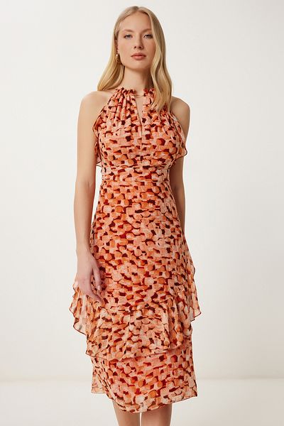 Happiness İstanbul Women's Tile Bone Pattern Flounced Summer Chiffon Dress Fg00025