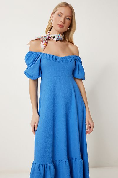 Happiness İstanbul Rochie de damă albastră cu volan de vară tricotată FK00014