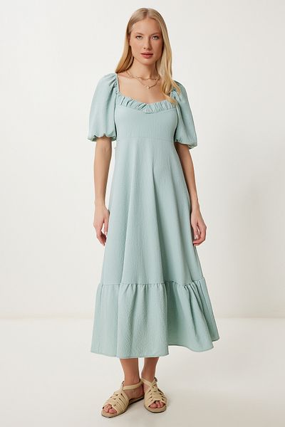 Happiness İstanbul Women's Green Flounced Summer Crinkle Knitted Dress Fk00014