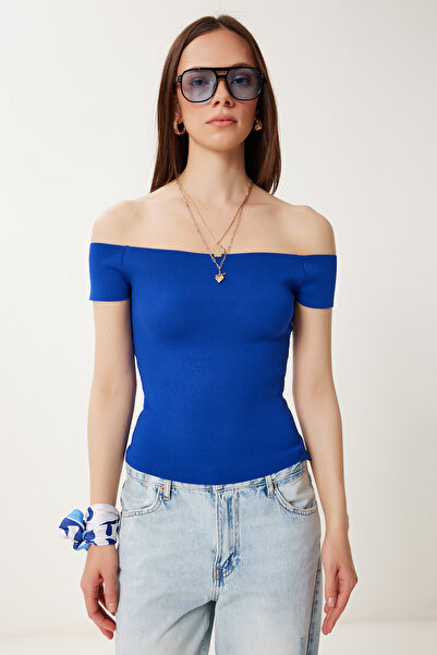 Happiness İstanbul Γυναικεία Σκούρο Μπλε Βάρκα Λαιμόκοψη Καλοκαιρινή Πλεκτή Μπλούζα NS00417